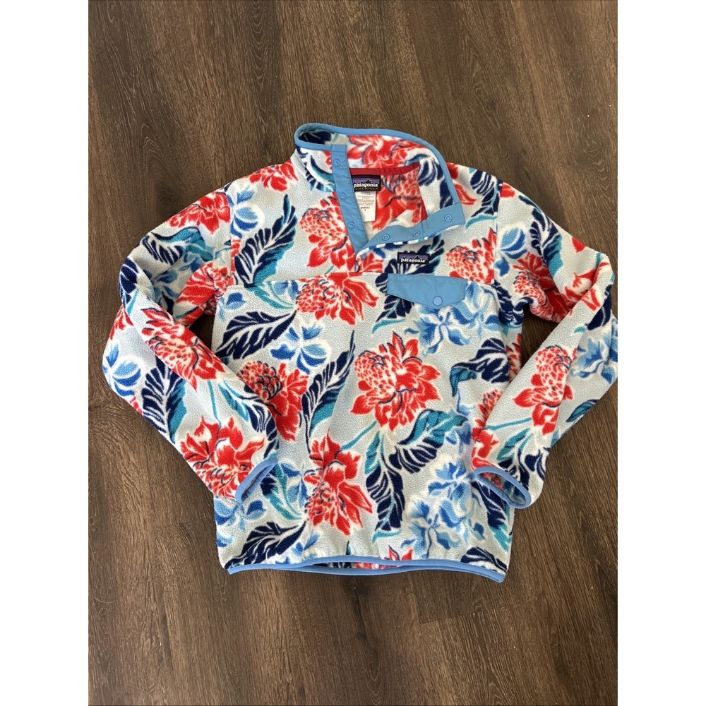 Patagonia Synchilla Snap-T Fleece Pullover Women's Small Floral Printโ Blue Red